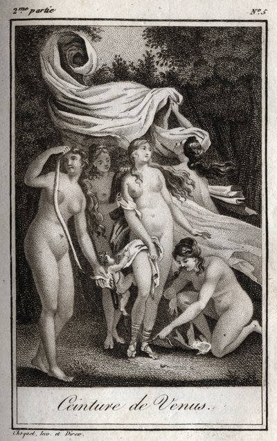 Pas Wenus: Podczas gdy bitwa nadal przynosi korzyść trojanom, Junon używa pasa Wenus, aby oczarować Jowisza, i spać, aby go uśpić. Rycina z 1819 r. w „Lettres a Emilie sur la mitologie” Charlesa Alberta Demoustiera (1760-1801). Prywatna kolekcja autorstwa Anonymous Anonymous