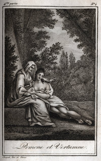 Vertumne i Pomone (Jowisz i Ceres): Vertumne, zakochana w nimfie Pomone, przebiera się za staruszkę, aby się do niej zbliżyć. Rycina z 1819 r. w „Lettres a Emilie sur la mitologie” Charlesa Alberta Demoustiera (1760-1801). Prywatna kolekcja. autorstwa Anonymous Anonymous