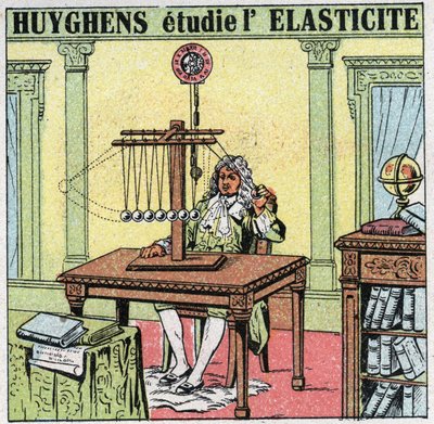 Ruchy wibracyjne: Christiaan Huygens (1629-1695) bada elastyczność materiału, obserwując koraliki z kości słoniowej. Anonimowa ilustracja z 1925 r. Ze zbiorów prywatnych. autorstwa Anonymous Anonymous