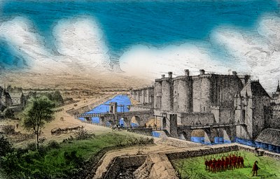 Widok na Bastylię i otaczające ją mury pod panowaniem króla Karola V Mądrego (1338-1380), rycina, zbiory prywatne autorstwa Anonymous Anonymous