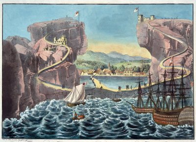 Widok na wyspę św. Heleny od strony lądowiska w pobliżu Fortu James - Anonimowy - 1815 - Aquatint - 46,7x54,5 - Kolekcja prywatna autorstwa Anonymous Anonymous