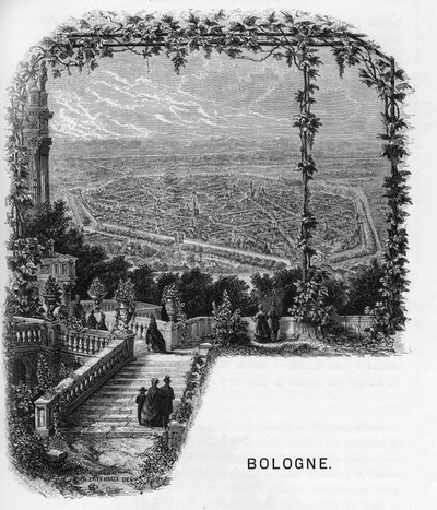 Widok miasta Bolonia (Bolonia), Włochy grawerowane z 1859 roku w „” galeriach Europa - Włochy „” autorstwa Armengaud. Prywatna kolekcja. autorstwa Anonymous Anonymous
