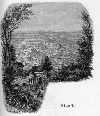 Widok na miasto Mediolan (Milano), Włochy. Rycina z 1859 roku w „” les galeries de l