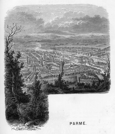 Widok na miasto Parma (Parma), Włochy. Rycina z 1859 roku w „” les galeries de l