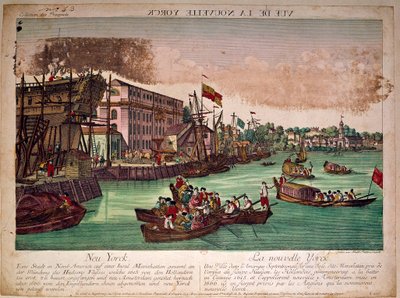 Widok na port miasta Nowy Jork (Nowy Jork) w Stanach Zjednoczonych, po lewej stocznia. Ujście rzeki Hudson i Manhattan Island. Rycina z XVIII wieku. Prywatna kolekcja autorstwa Anonymous Anonymous