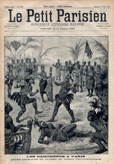 Ćwiczenia wojenne: Amazonki, wojownicy i feticheurs dahomeens (obecnie Benin) z ogrodu aklimatyzacji w Paryżu (Ludzkie Zoo). Grawer w „Le petit Parisien”” z 1891 r. Ze zbiorów prywatnych. autorstwa Anonymous Anonymous