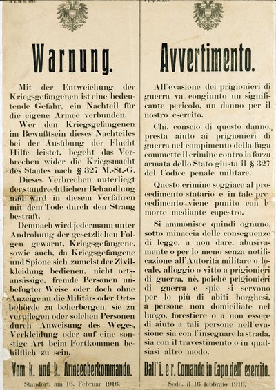 Ostrzeżenie po ucieczce włoskich jeńców wojennych 16 lutego 1916 r. z prośbą o nie pomaganie ludności austriackiej (rycina autorstwa Anonymous Anonymous