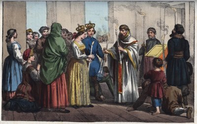 Śluby w Rosji w XVIII wieku - grawerowanie z „” Zwyczajów i tradycji wszystkich narodów wszechświata. Czyli Historia rządu, praw, milicji, religii wszystkich narodów od czasów najdalszych do dnia dzisiejszego „1856 autorstwa Anonymous Anonymous