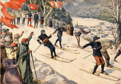 Sport zimowy: Zawody narciarskie w Chamonix w Haute Savoie w Alpach we Francji. Szwajcarskie i francuskie flagi zachęcają narciarzy. Grawer z gazety „Le Petite Parisien”” autorstwa Anonymous Anonymous