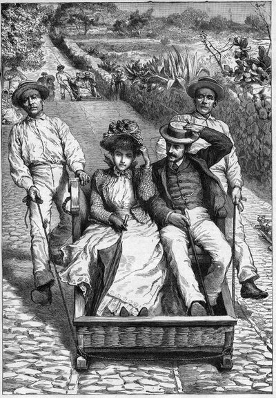 carros de cesto na Maderze 1893 - Les corinhos (carrieros) a Madeira (Madeira) - panowie prowadzący siedzenie w dwóch miejscach na ruletce (un corinho). grawer w „”Dzienniku podróży””” 1893 autorstwa Anonymous Anonymous