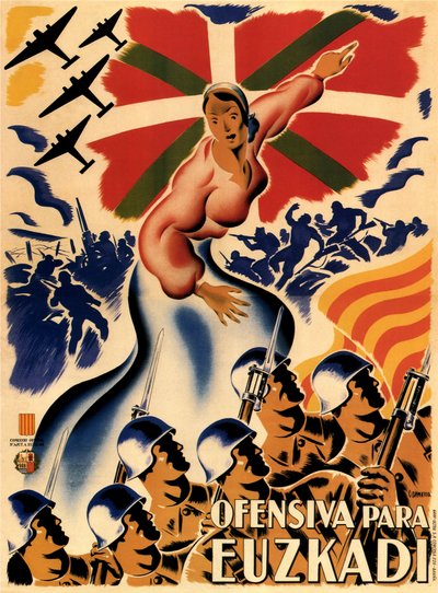 Hiszpańska wojna domowa - Kampania Biskajska (Ofensywa Biskajska) Ofensiva Para Euzkadi (Ofensywa na Kraj Basków) - Anonimowy - 1937 - Kolorowa litografia - 140x100 - Prywatna kolekcja autorstwa Anonymous Anonymous