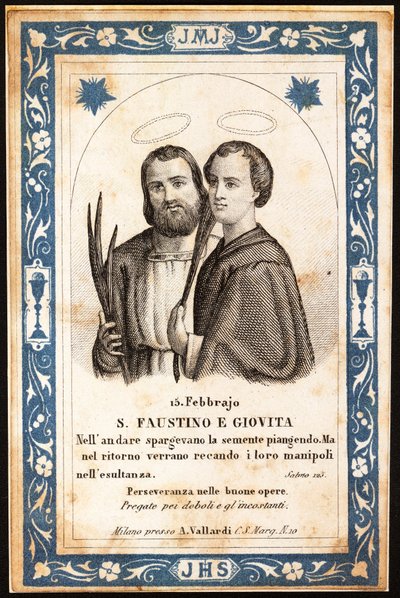 obraz męczenników św. Faustyna i św. Jowitę Pobożnego. Pocztówka. Początek XX wieku. Prywatna kolekcja autorstwa Anonymous Anonymous