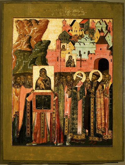 Przybycie Ikony Matki Bożej Włodzimierskiej do Moskwy w 1395 r., połowa XVII w. autorstwa Anonymous Russian icon painter