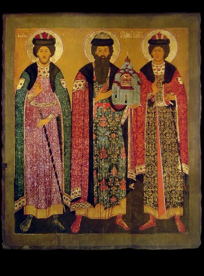 Św. Wsiewołod Mścisławicz, książę pskowski ze świętymi Borysem i Glebem, pocz. autorstwa Anonymous Russian icon painter
