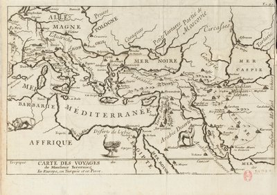 Mapa podróży Taverniera w Europie, Persji, Turcji, XVII wieku. autorstwa Anonymous master.