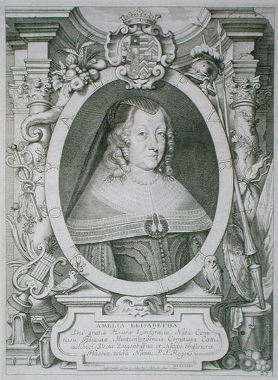 Amalie Elisabeth z Hanau-Muntzenberg (1602-51) z „Portraits des Hommes Illustres”, sztychowanej przez Petrusa de Iode, wydanej w 1706 r. (grafika) autorstwa Anselmus van (after) Hulle