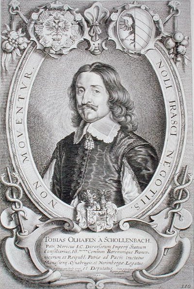 Tobias Oelhafen van Schollenbach (1601-66) z „Portretów wybitnych ludzi”, sztychowanej przez Petrusa de Iode, wydanej w 1706 r. (ryc.) autorstwa Anselmus van (after) Hulle