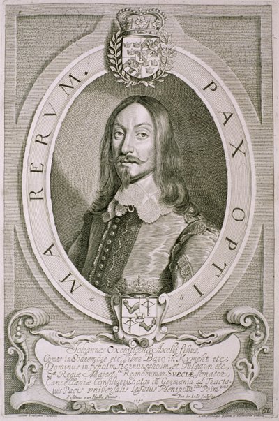 Johan Axelsson Oxenstierna (1611–57) Count of Sodermore, z „Portraits des Hommes Illustres”, rytego przez Petrusa de Iode, opublikowana w 1706 r. autorstwa Anselmus van Hulle