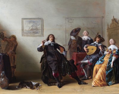 Wnętrze z pięcioma eleganckimi postaciami wokół stołu, z których jedna gra na lutni autorstwa Anthonie (1601-73) Palamedesz