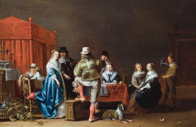 Wnętrze z dziewięcioma postaciami wokół stołu (olej na płycie) autorstwa Anthonie (1601-73) Palamedesz