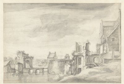 Widok ruin na brzegu rzeki (St. Walburgkerk w Arnhem?) autorstwa Anthonie Waterloo