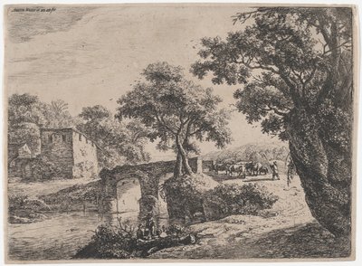 Stado w pobliżu kamiennego mostu, XVII wiek. autorstwa Anthonie Waterloo