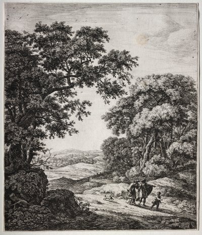 Sześć dużych pionowych krajobrazów ze scenami ze Starego Testamentu: Abraham odprawiający Hagar i Ismael autorstwa Anthonie Waterloo