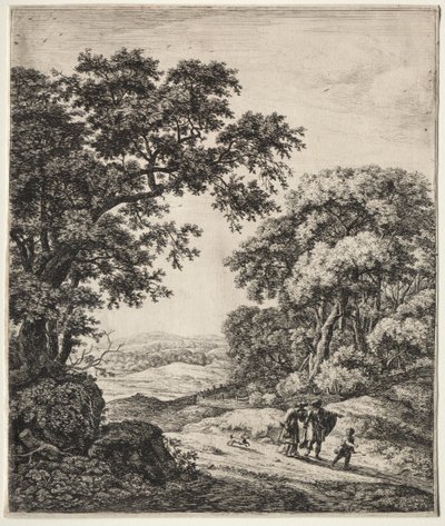 Sześć dużych pionowych krajobrazów ze scenami ze Starego Testamentu: Abraham odprawiający Hagar i Ismael autorstwa Anthonie Waterloo