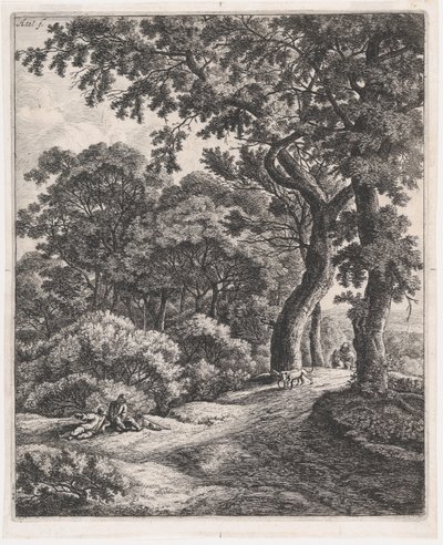 Dwóch podróżników odpoczywających w lesie, XVII w., XVII w. autorstwa Anthonie Waterloo