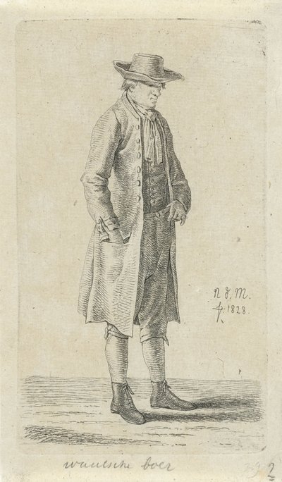 Mężczyzna z ręką w kieszeni kurtki Rolnik waloński (tytuł na obiekcie) 12 figurek do nauki (tytuł serii) autorstwa Anthonie Willem Hendrik Nolthenius de Man