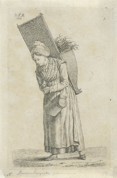 Kobieta z Luksemburga z koszem na plecach Luksemburg zielona kobieta (tytuł na obiekcie) Rolnicy i kobiety rolnicy z Wielkiej Brytanii (tytuł serii) autorstwa Anthonie Willem Hendrik Nolthenius de Man