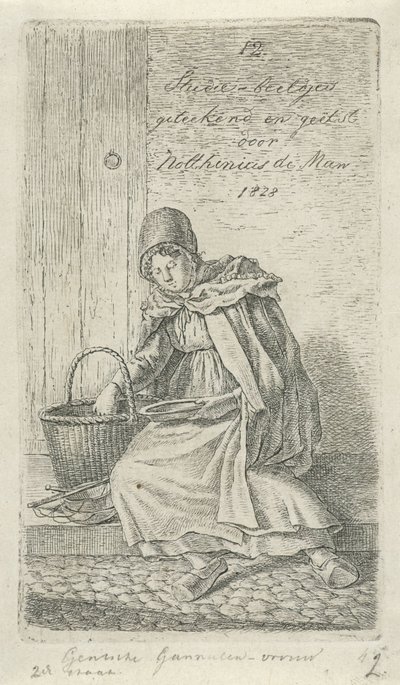 Siedząca kobieta z koszem i talerzem Gentsche Shrimp kobieta (tytuł na obiekcie) 12 figurek do nauki (tytuł serii) autorstwa Anthonie Willem Hendrik Nolthenius de Man