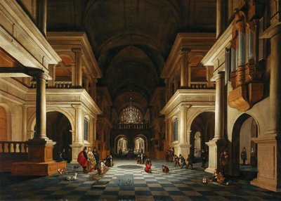 Wnętrze kościoła z eleganckimi figurami, 1632. autorstwa Anthonie de Lorme