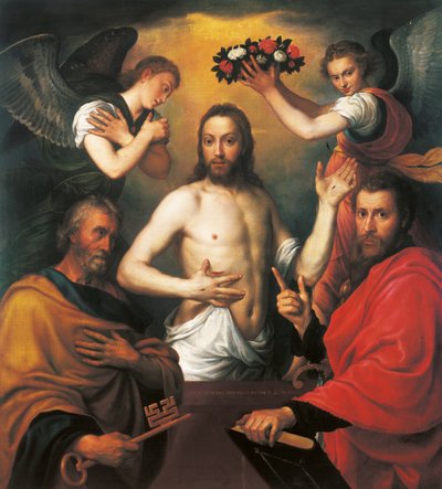Zmartwychwstały Chrystus ze świętymi Piotrem i Pawłem autorstwa Anthonis van Dashorst Mor
