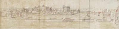 Pałac Hampton Court z Północy (pióro i brązowy tusz oraz akwarela na słabych oznaczeniach czarną kredą) autorstwa Anthonis van den Wyngaerde
