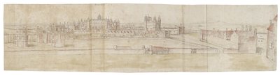 Pałac Hampton Court od strony północnej (pióro, brązowy tusz i akwarela, słabo zaznaczone czarną kredą) autorstwa Anthonis van den Wyngaerde
