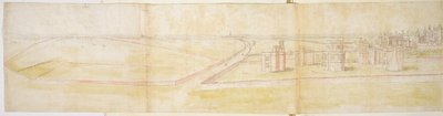 Pałac Hampton Court z północy, ok. 1544 (pióro, atrament i toaleta na papierze) autorstwa Anthonis van den Wyngaerde