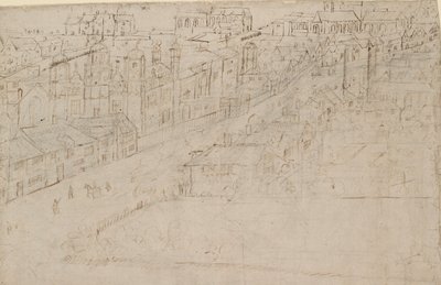Panorama Londynu widziana z Southwark: Borough High Street z St Mary Overy, 1554 autorstwa Anthonis van den Wyngaerde