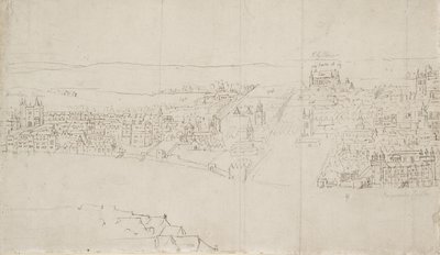 Panorama Londynu widziana z Southwark: Durham House do Barnards Castle (pióro, tusz i czarna kreda na papierze) autorstwa Anthonis van den Wyngaerde
