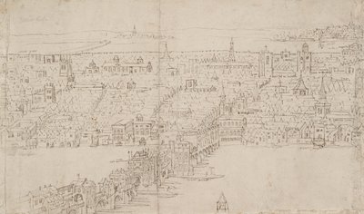 Panorama Londynu widziana z Southwark: London Bridge, 1554 autorstwa Anthonis van den Wyngaerde