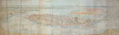 Panoramiczny widok na Dordrecht, widziany z wzniesienia na zachodzie autorstwa Anthonis van den Wyngaerde