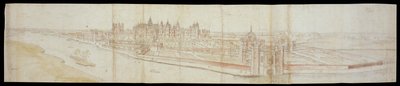 Widok pałacu Hampton Court od południa, z rzeką na pierwszym planie, 1558 (pióro i brązowy tusz oraz akwarele na czarnej kredzie) autorstwa Anthonis van den Wyngaerde