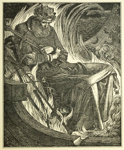 Śmierć króla Warwulfa, wyd. 1915 (grawerowanie) autorstwa Anthony Frederick Augustus Sandys