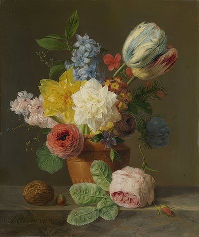 Martwa natura z kwiatami i orzechami. Około 1830 r. autorstwa Anthony Oberman