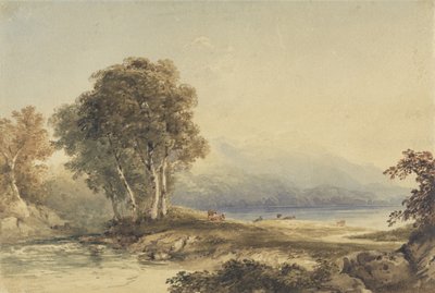 Pejzaż górski z jeziorem i strumieniem (wc nad grafitem na papierze tkanym) autorstwa Anthony Vandyke Copley Fielding