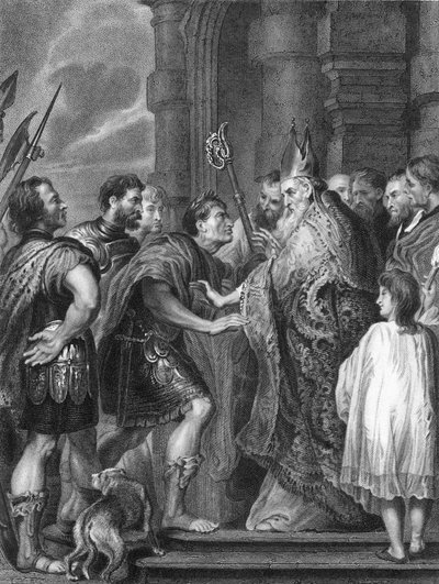 Ambroży odmawiający cesarzowi Teodozjuszowi wstępu do kościoła (rycina) autorstwa Anthony van (after) Dyck