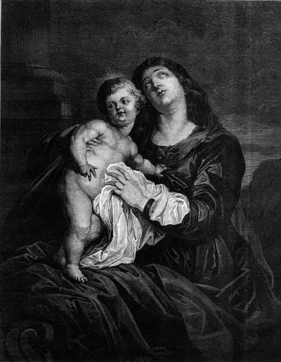 Dziewica i Dzieciątko Jezus. Grawer wg obrazu Antona (Antoon lub Anthony) van Dyck (1599-1641). Grawer w „”Le Monde Illustré”” nr 1239 z 25 grudnia 1880 r. autorstwa Anthony van (after) Dyck