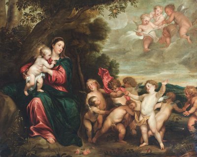 Madonna z Dzieciątkiem w pejzażu witana przez Dzieciątko Chrzcielne i anioły (olej na płótnie). autorstwa Anthony van (circle of) Dyck