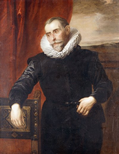 Portret Fransa Snydersa, połowa długości, w czarnym kostiumie, wspartego na krześle, za nim krajobraz, autorstwa Anthony van Dyck