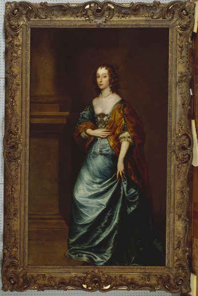 Portret Mary Villiers, księżnej Lennox i Richmond, w niebieskiej sukience i brązowej chuście przy kolumnie autorstwa Anthony van Dyck